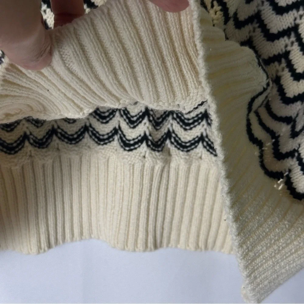 Marled Women Black Cream Chevron Sweater Large Cotton Ribbed‎ Knit Casual Winter